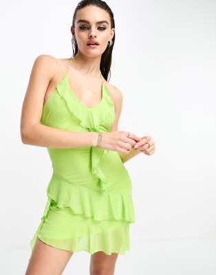 Glamorous - Neckholder-Minikleid in Limettengrün aus Netzstoff mit asymmetrischem Saum