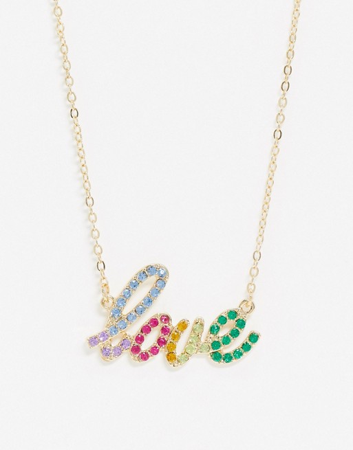 Glamorous necklace with rainbow 'love' slogan in gold