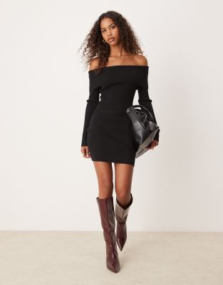 off shoulder black knitted mini dress
