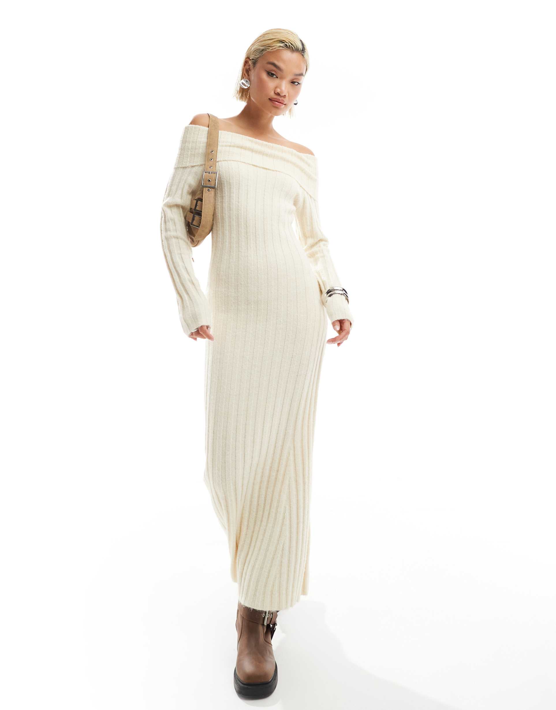 glamorous off shoulder bodycon maxi knitted dress in cream