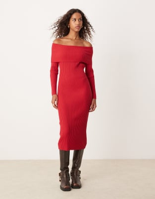 off shoulder bodycon maxi knitted dress in red
