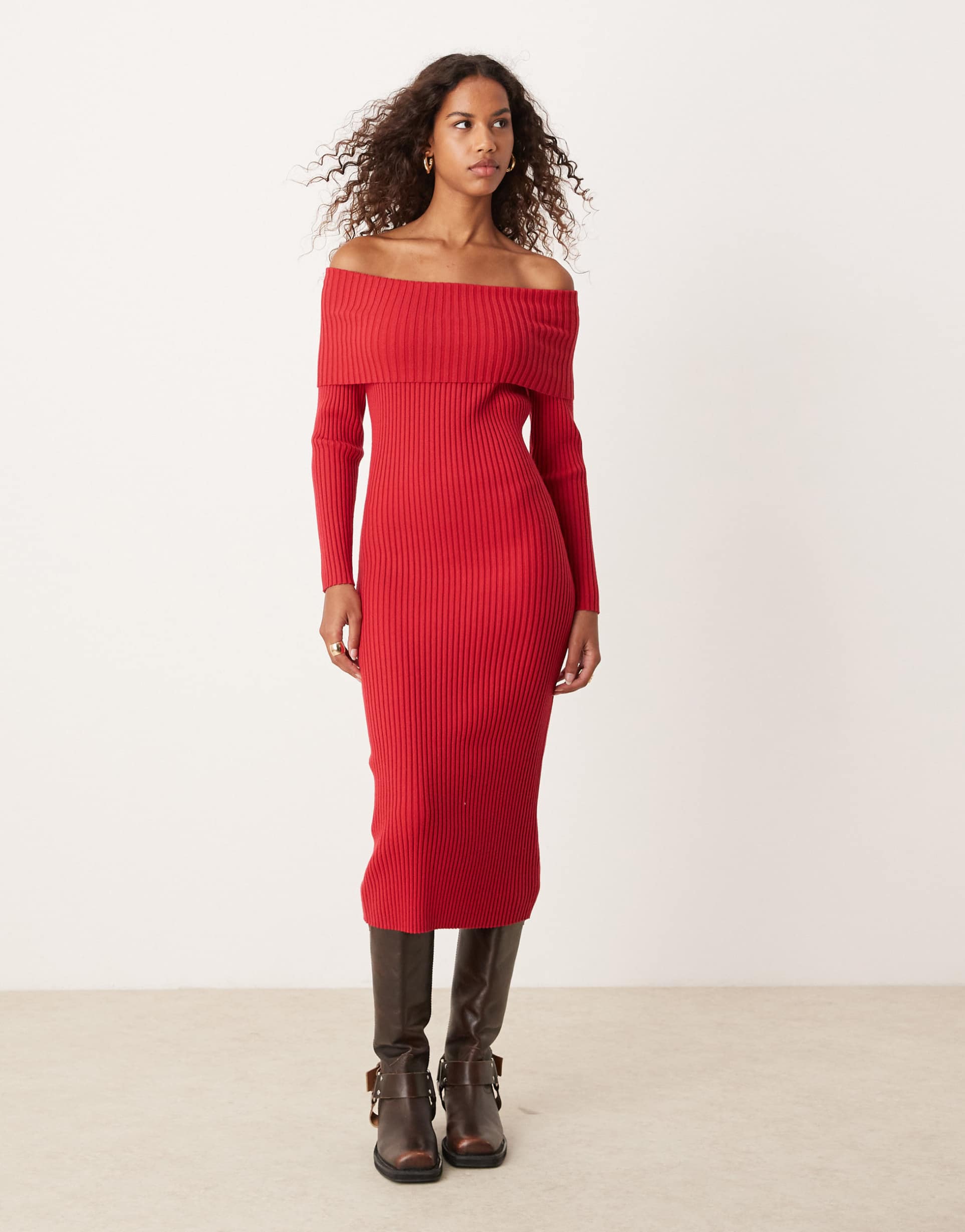 glamorous off shoulder bodycon maxi knitted dress in red