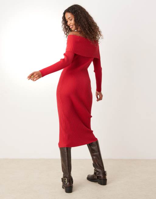 Glamorous off shoulder bodycon maxi knitted dress in red