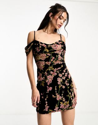 Glamorous off shoulder cowl neck mini shift dress in floral devore-Multi