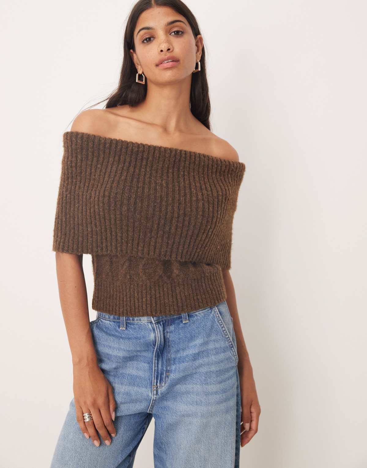 Glamorous off shoulder crop top in dark brown