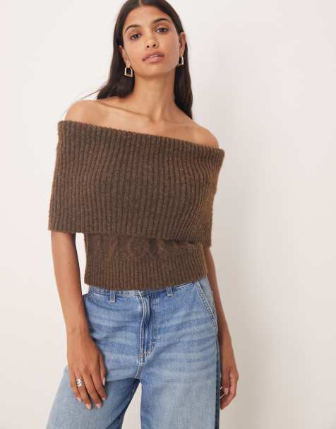 Glamorous off shoulder crop top in dark brown 