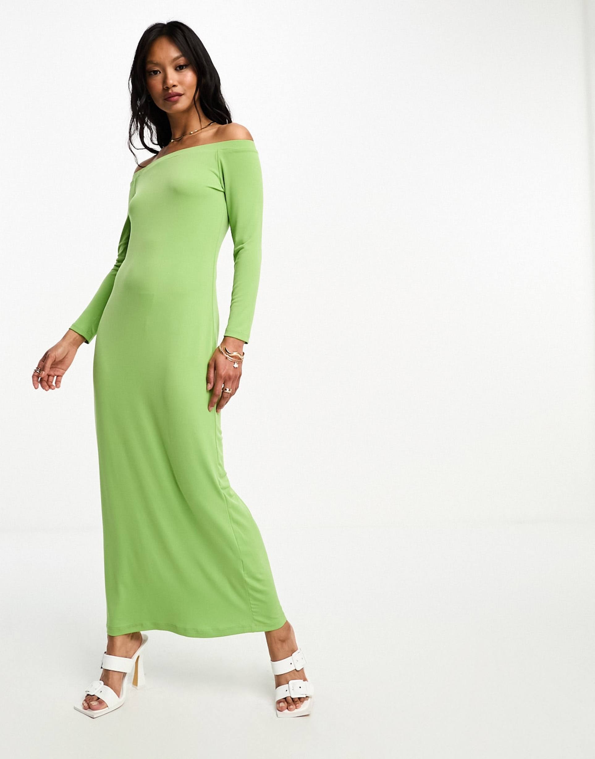 glamorous off-shoulder jersey midi dress in green