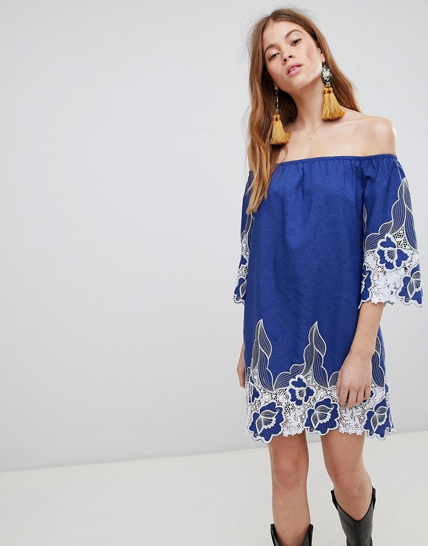 Glamorous Off Shoulder Mini Shift Dress With Contrast Floral Lace-Blue