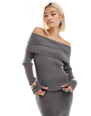 Glamorous off shoulder rib knit jumper in charcoal part of a set