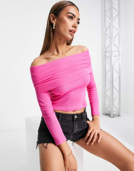 New Look Ribbed Off The Shoulder Bardot Long Sleeved Top In, 45% OFF