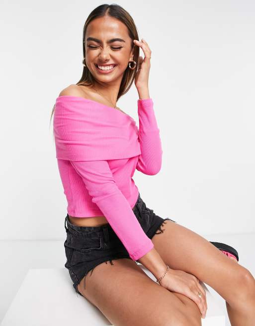 Glamorous off shoulder rib top in hot pink | ASOS
