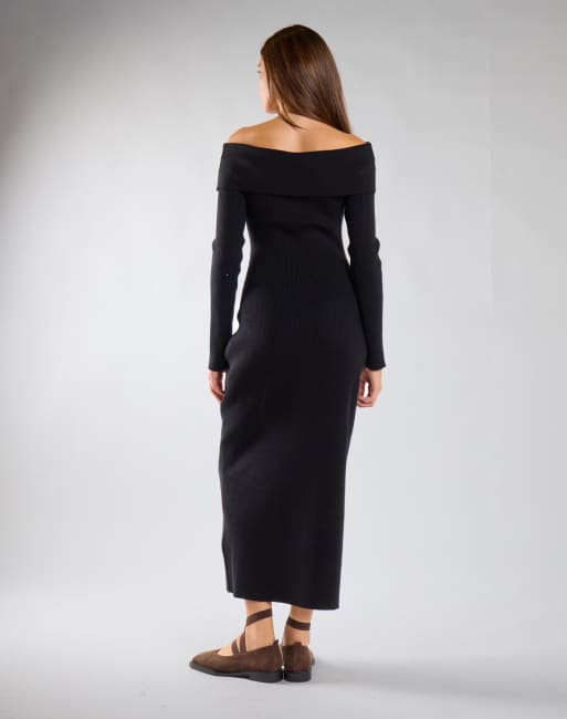 Glamorous Off-shoulder ribbed knit maxi dress in black, 2 of 4