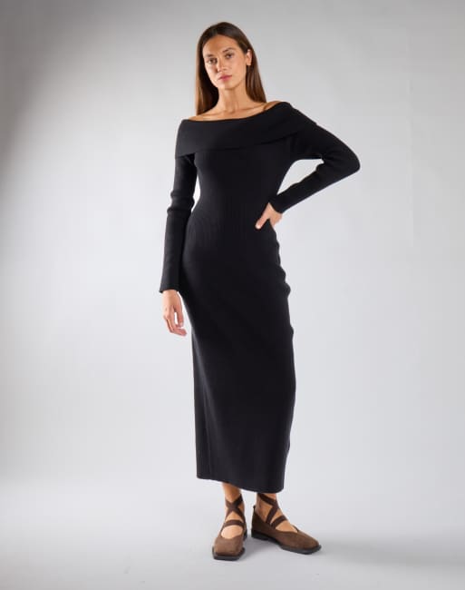 Glamorous Off-shoulder ribbed knit maxi dress in black, 4 of 4