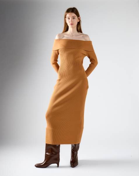 Glamorous Off-shoulder ribbed knit maxi dress in tan - view 1