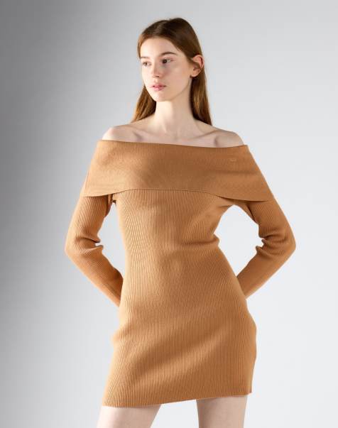 Glamorous Off-shoulder ribbed knit mini dress in tan - view 1