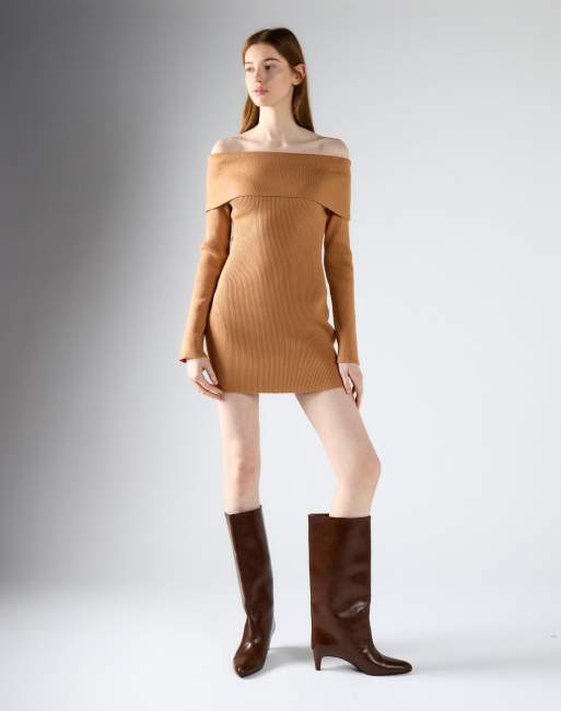 Glamorous Off-shoulder ribbed knit mini dress in tan, 3 of 4