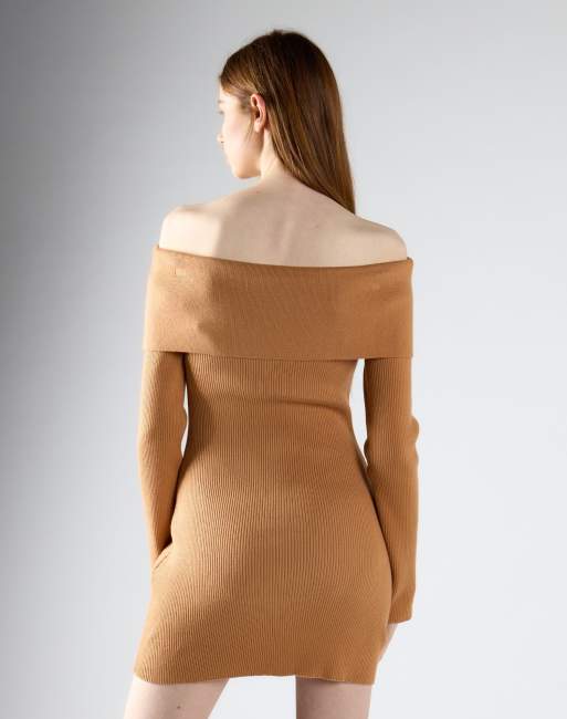 Glamorous Off-shoulder ribbed knit mini dress in tan, 4 of 4