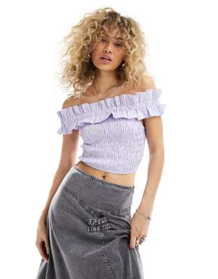 Glamorous off shoulder shirred crop top in purple stripe co-ord - view 1