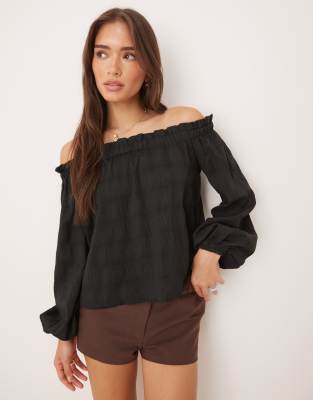 Glamorous Off shoulder voluminous fit blouse in black check - view 1