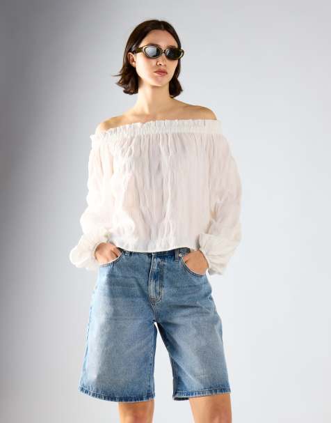 Glamorous Off shoulder voluminous fit blouse in white check - view 1