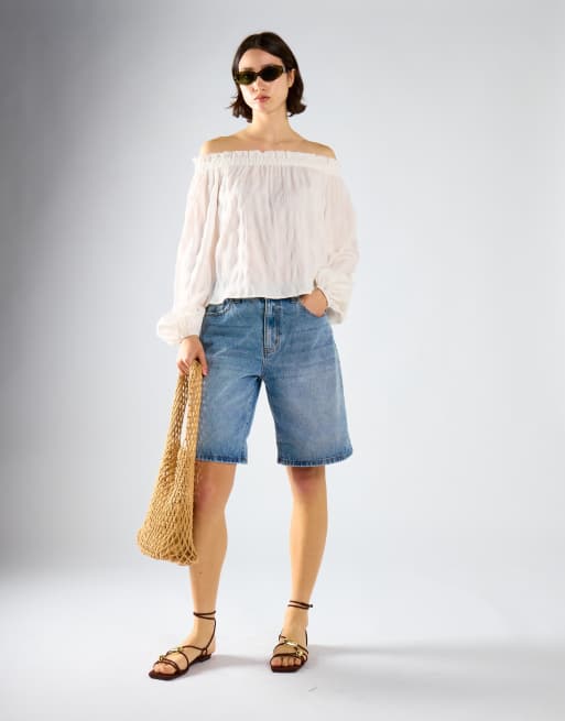 Glamorous Off shoulder voluminous fit blouse in white check, 2 of 4
