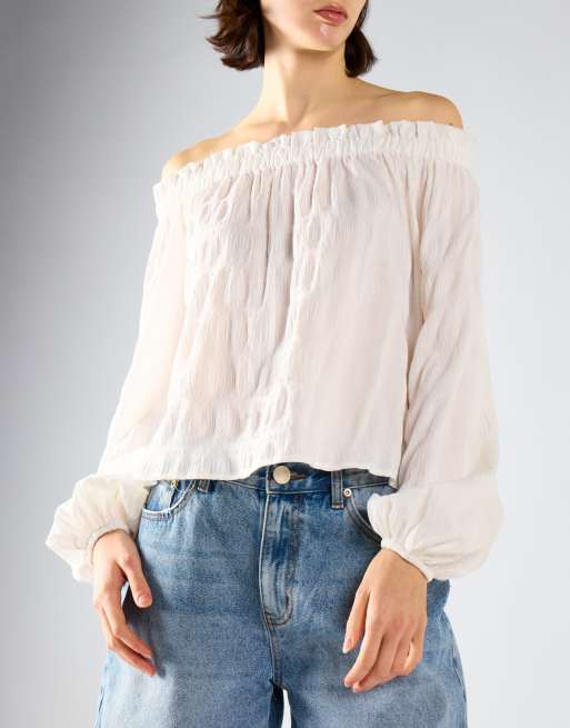 Glamorous Off shoulder voluminous fit blouse in white check, 4 of 4