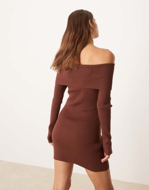 Glamorous off the shoulder knit mini dress in light brown, 2 of 4