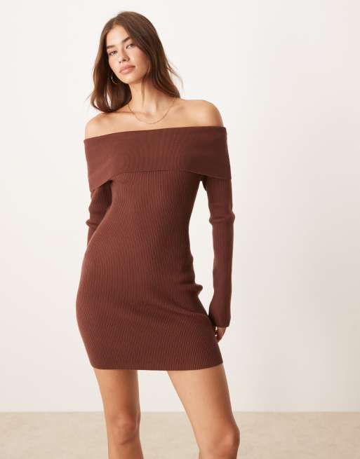 Glamorous off the shoulder knit mini dress in light brown, 3 of 4