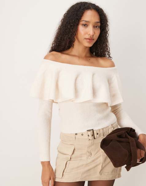 Glamorous Off The Shoulder Ruffle Knit Top in cream