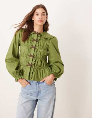 Glamorous Olive Green Shirred Blouse With Brown Bows