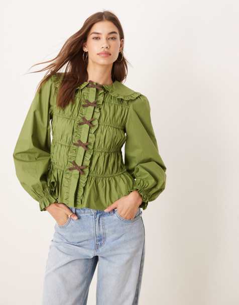 Glamorous olive green shirred blouse with brown bows - view 1
