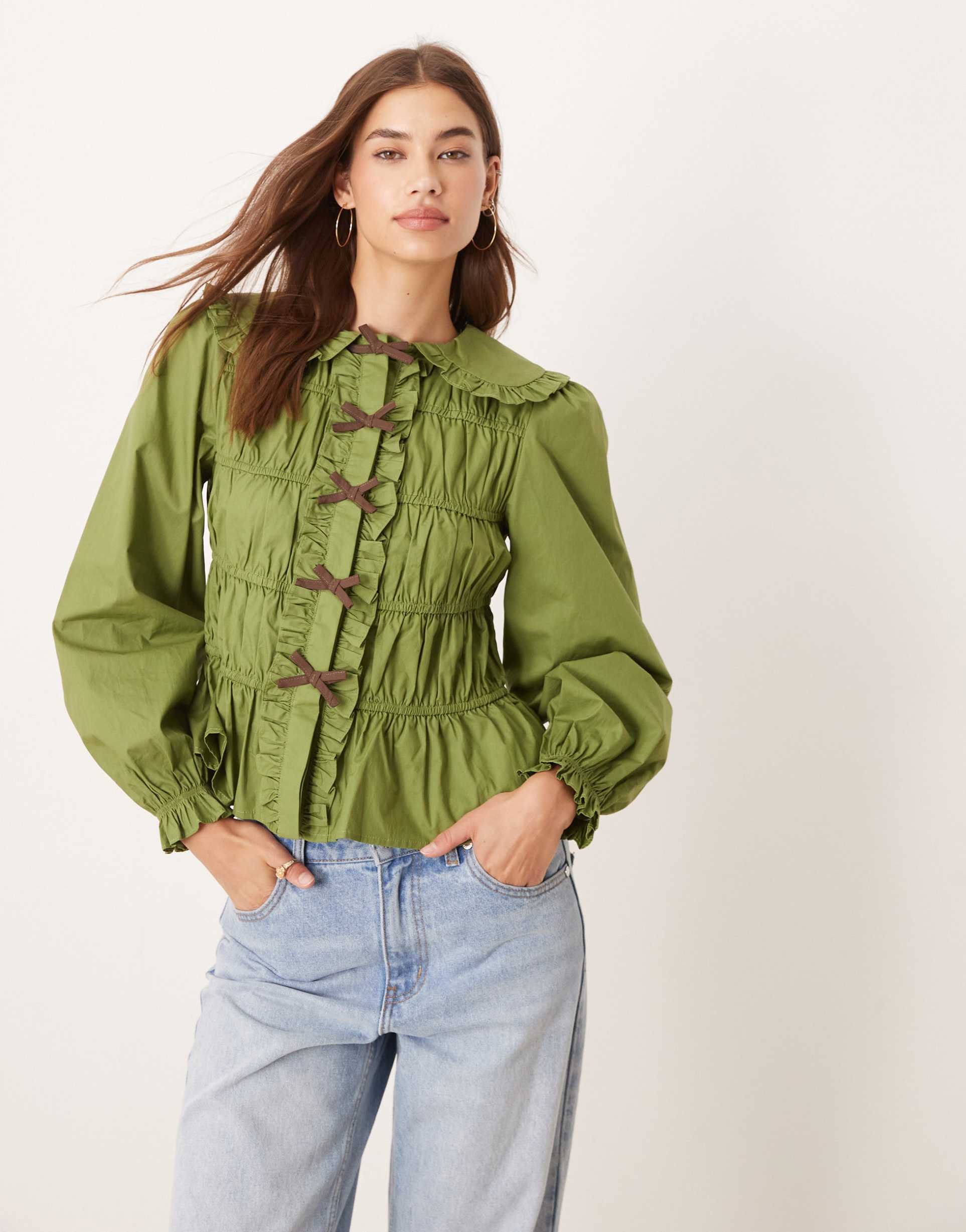 glamorous olive green shirred blouse with brown bows