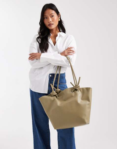 Glamorous – Oliwkowozielona torebka typu tote z imitacji skóry z ozdobnymi węzłami - view 1