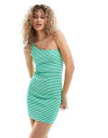 [Glamorous] Glamorous one shoulder mini dress in stretch green stripe knit-White 12 Green Stripe