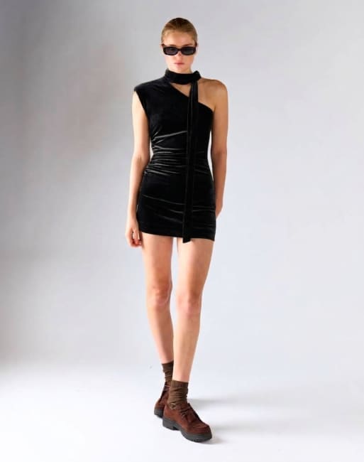 Glamorous One-shoulder mini dress with neck-tie in black velvet, 2 of 4