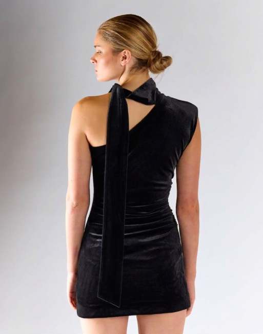 Glamorous One-shoulder mini dress with neck-tie in black velvet, 3 of 4