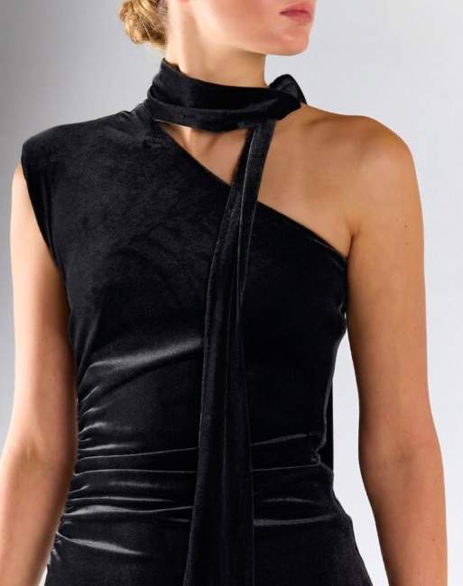 Glamorous One-shoulder mini dress with neck-tie in black velvet, 4 of 4