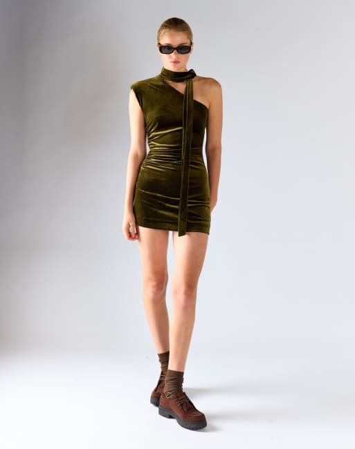 Glamorous One-shoulder mini dress with neck-tie in olive velvet, 2 of 4