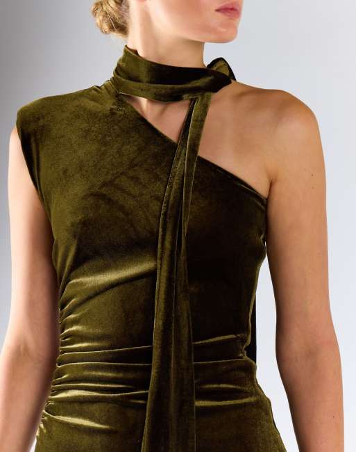 Glamorous One-shoulder mini dress with neck-tie in olive velvet, 3 of 4