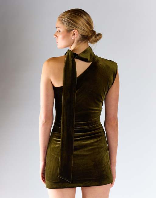 Glamorous One-shoulder mini dress with neck-tie in olive velvet, 4 of 4