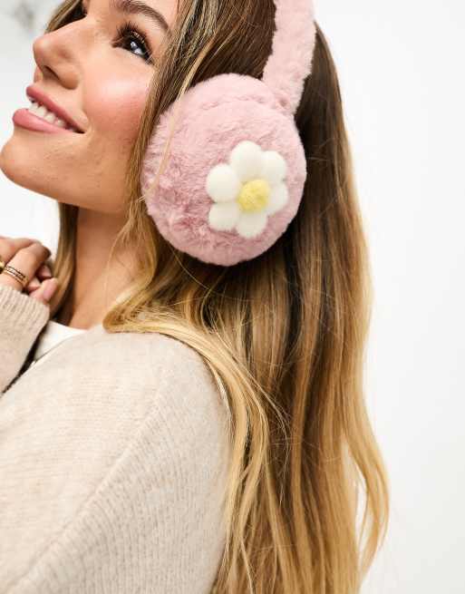 Glamorous - Oorwarmers van imitatiebont met bloemen in roze