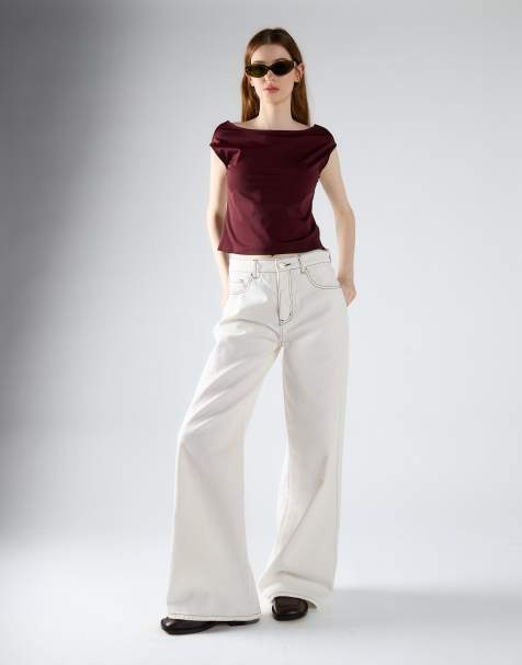 Glamorous Open square back cap-sleeve top in burgundy