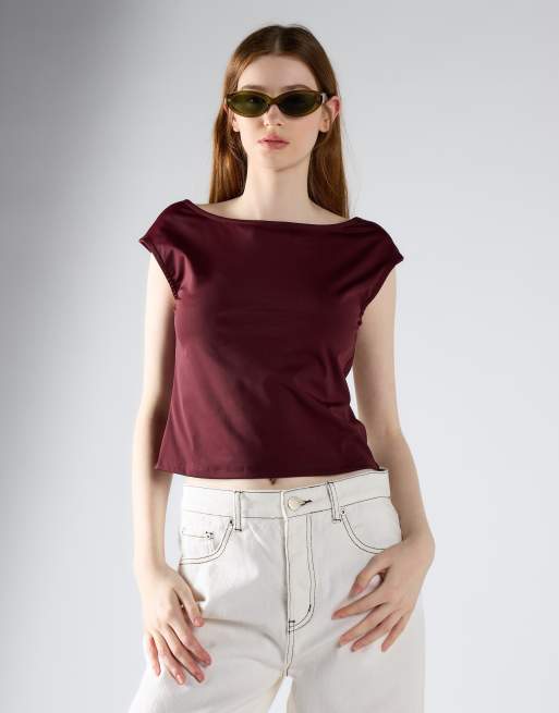 Glamorous Open square back cap-sleeve top in burgundy, 2 of 4