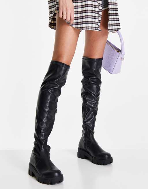 Glamorous over the knee chunky flat boots in black