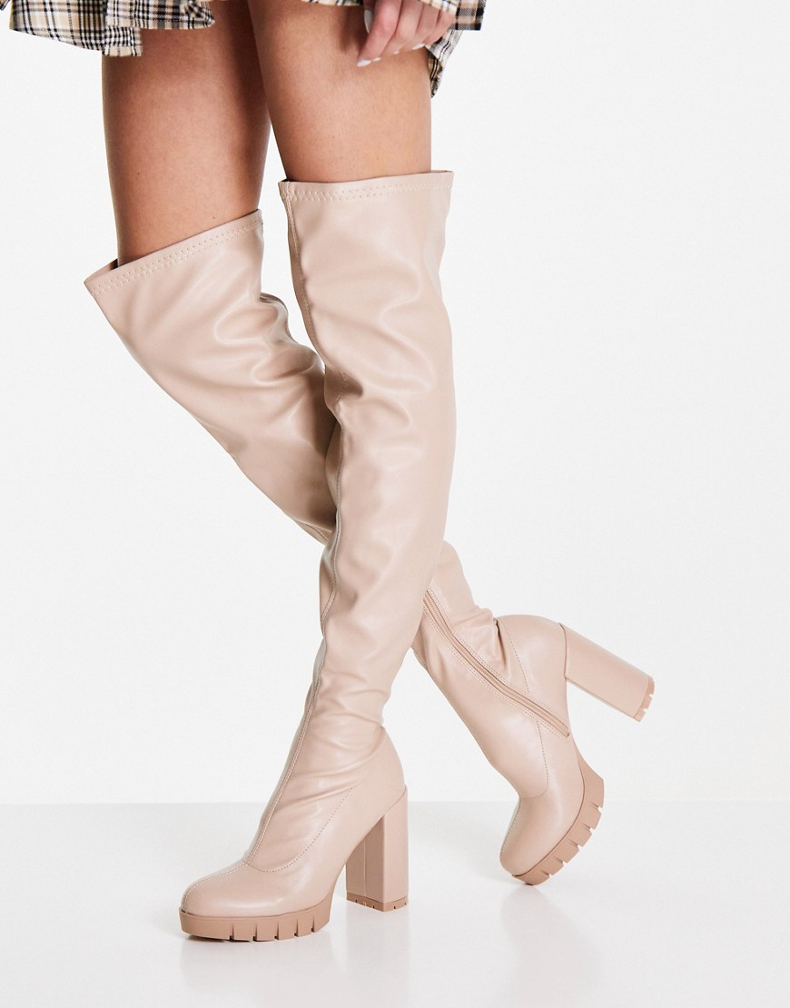 Glamorous over the knee chunky heel boot in beige-Neutral