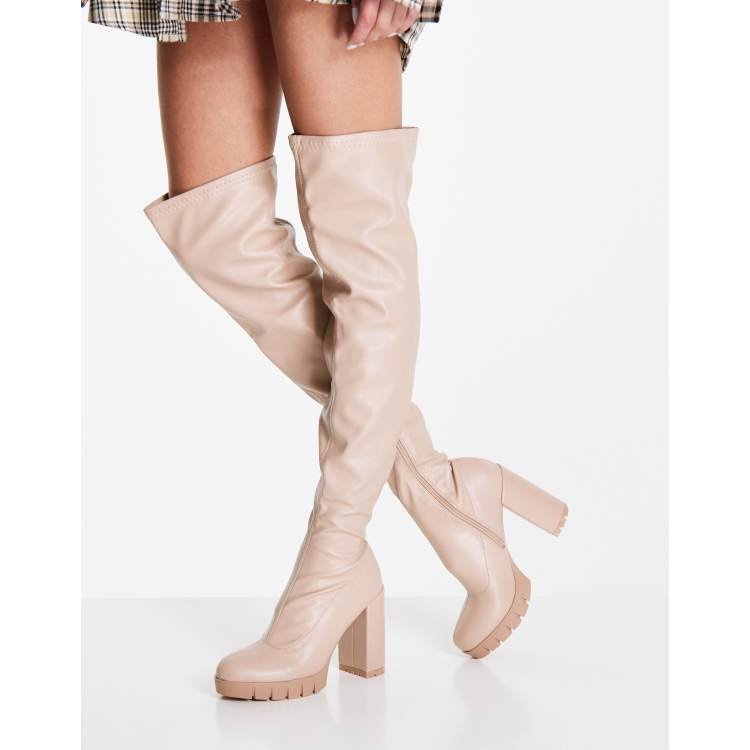 ASOS DESIGN Clearly high-heeled fold over knee boots in cream