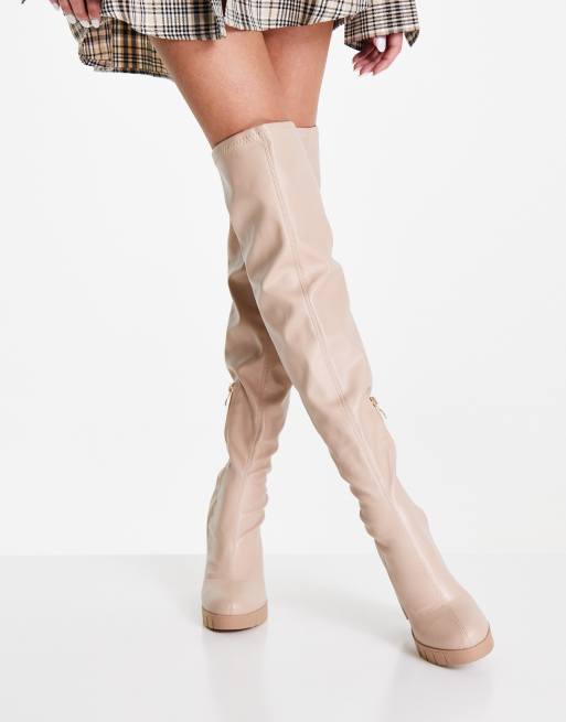 Beige over the knee high hot sale heel boots