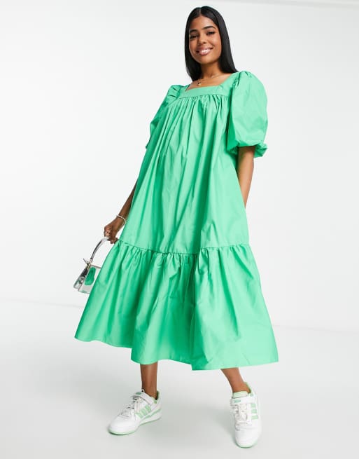 Glamorous – Oversize-Midikleid mit quadratischem Ausschnitt und abgestuftem Saum in leuchtendem Grün, 4 von 4