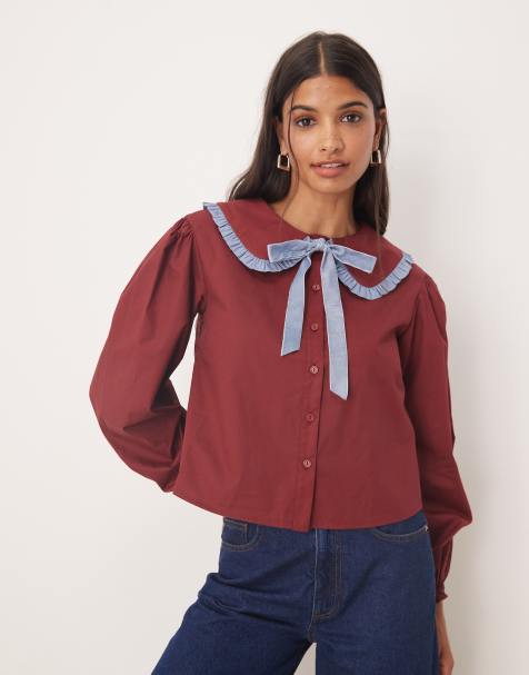 Glamorous oversized collar blouse in burgundy blue - view 1