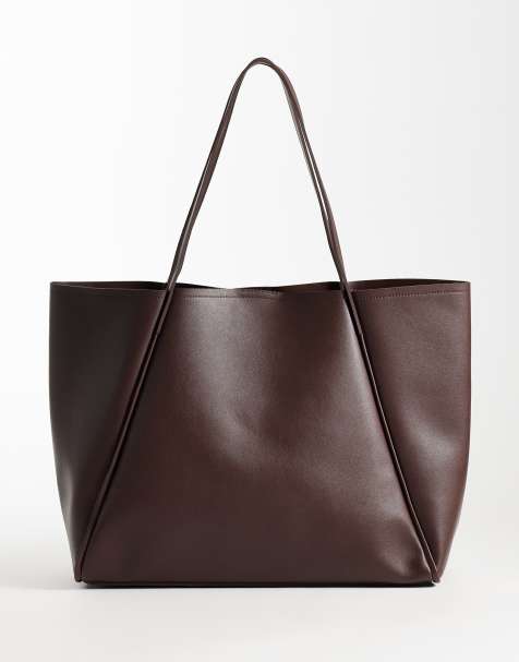 Glamorous oversized faux leather tote bag in dark brown - view 1